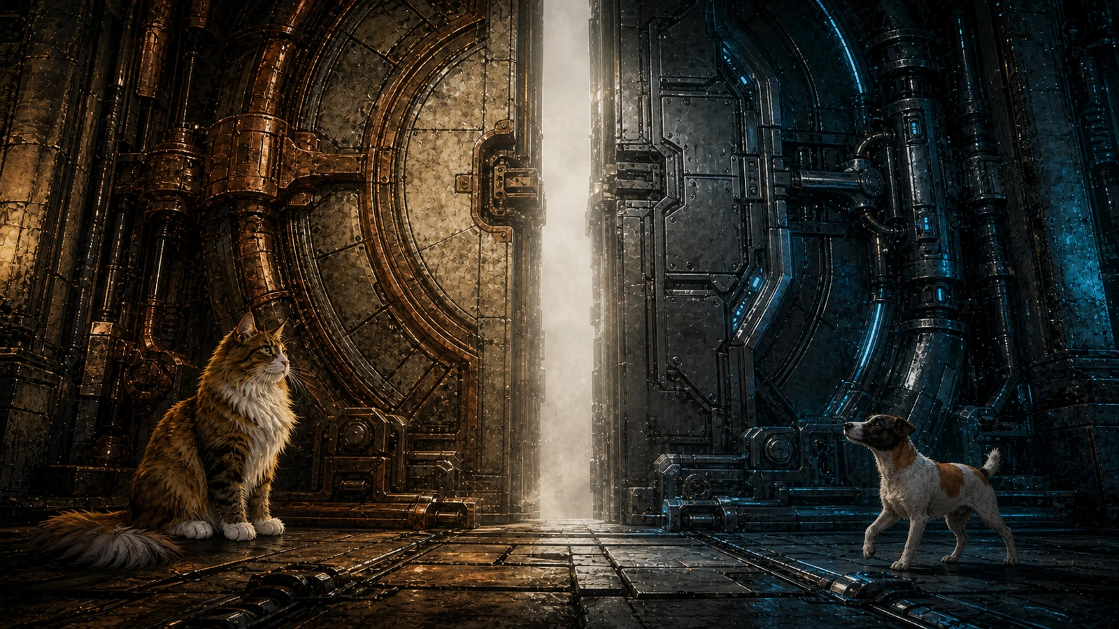 A cat and a dog stand before the opening gates of RELAY, with warm light joining the two sides