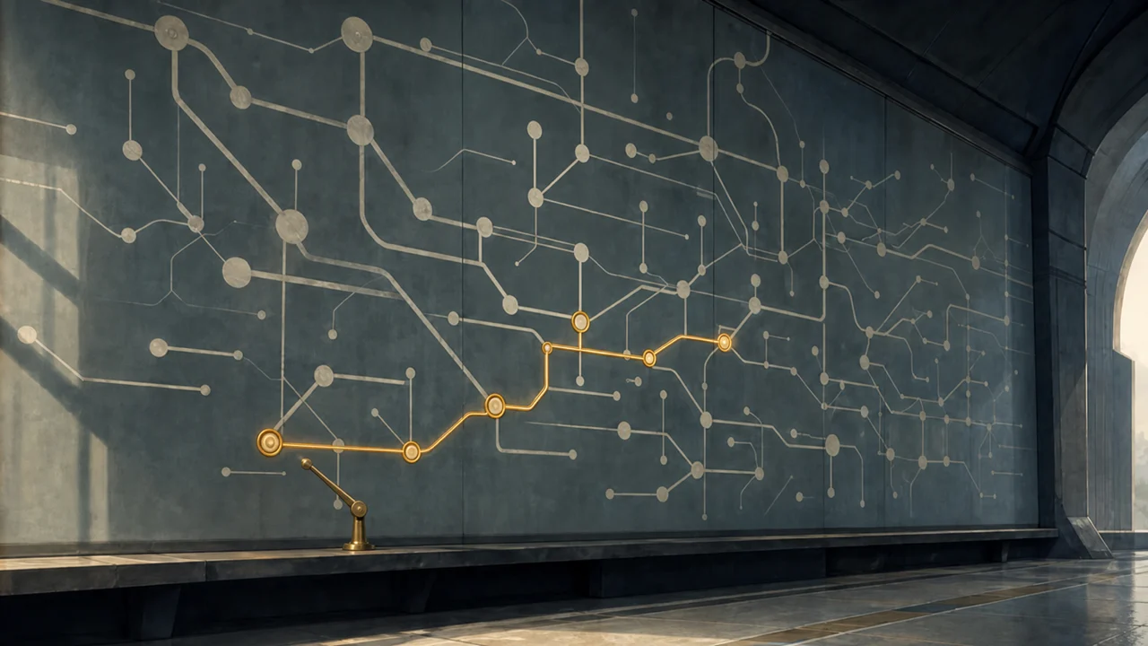 A route map on the wall of the Interchange, with one path lit up
