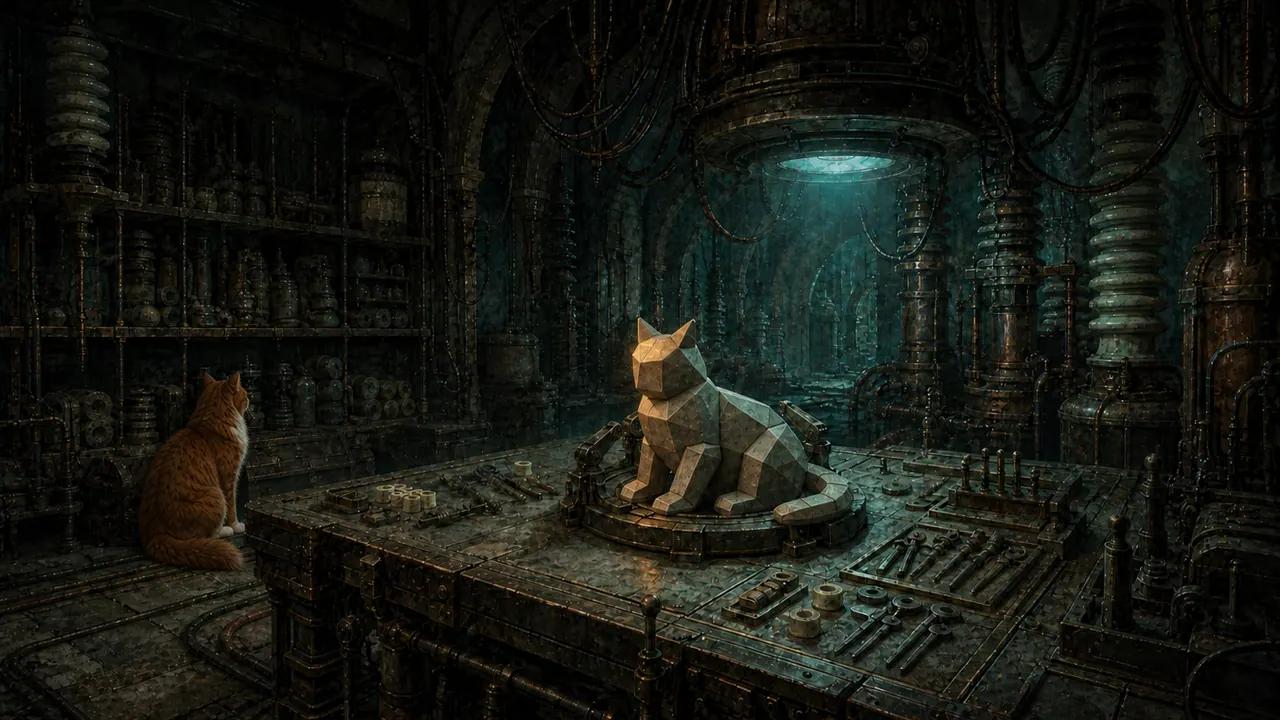 A cat watches its 3D likeness in the Quiet Workshop