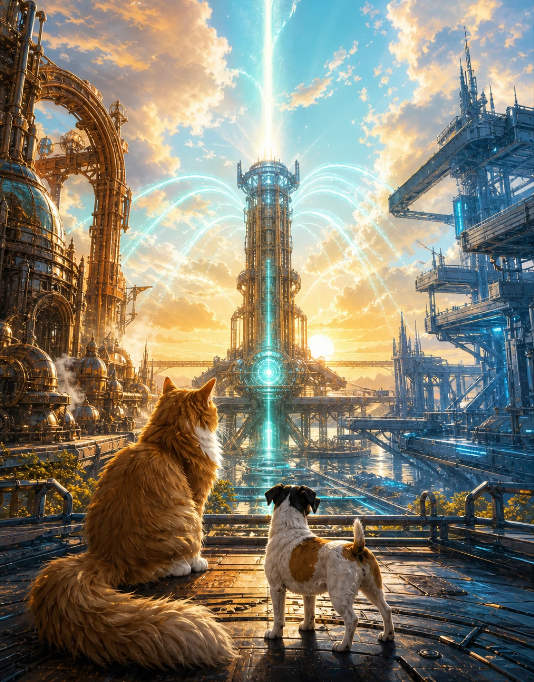 A cat and a dog on a sunlit terrace look towards the RELAY tower and its turquoise beam